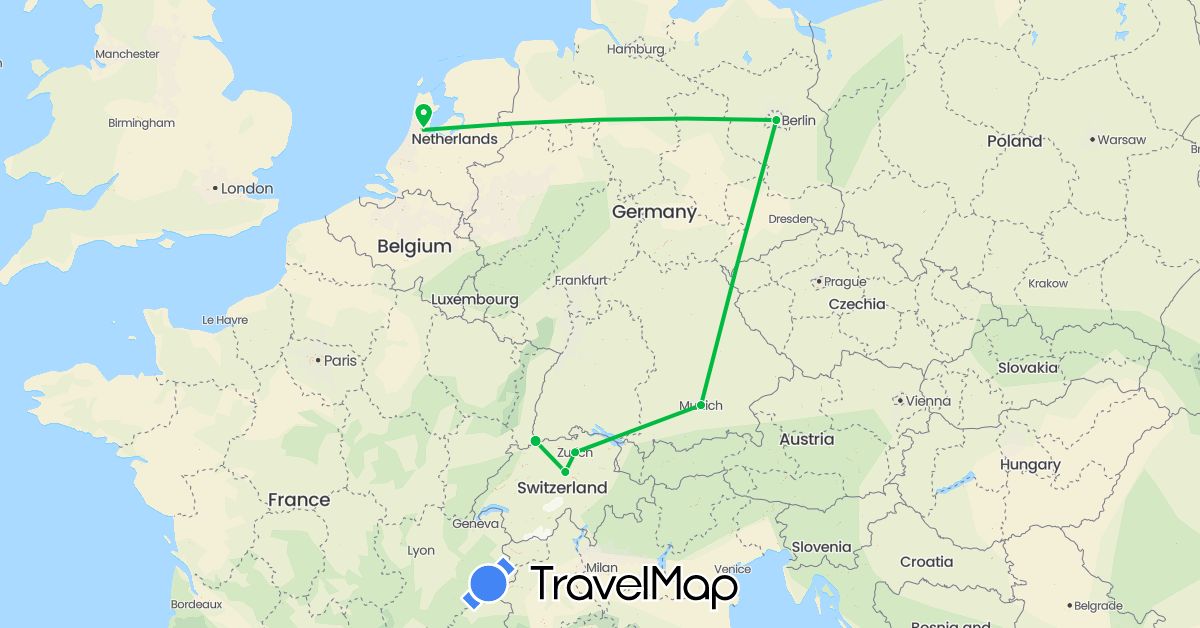 TravelMap itinerary: driving, bus in Switzerland, Germany, Netherlands (Europe)